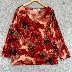 Chicos Top Womens 3 US Extra Large Red Abstract Travelers 3/4 Sleeves Stretch